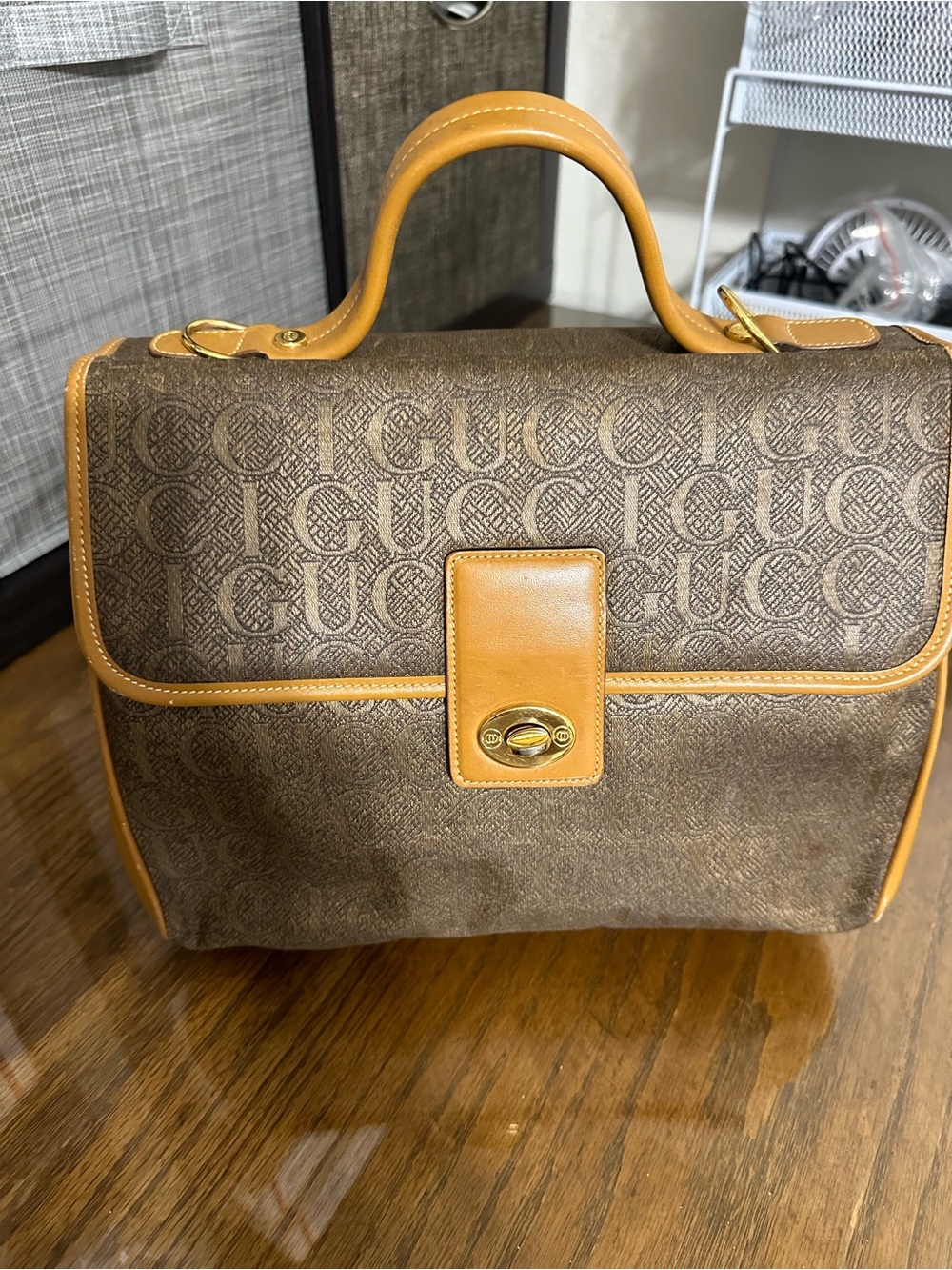 Gucci Brown Monogram Messenger Bag with Tan Trim